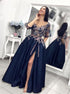 V Neck Dark Blue Satin Appliques Prom Dress LBQ0857